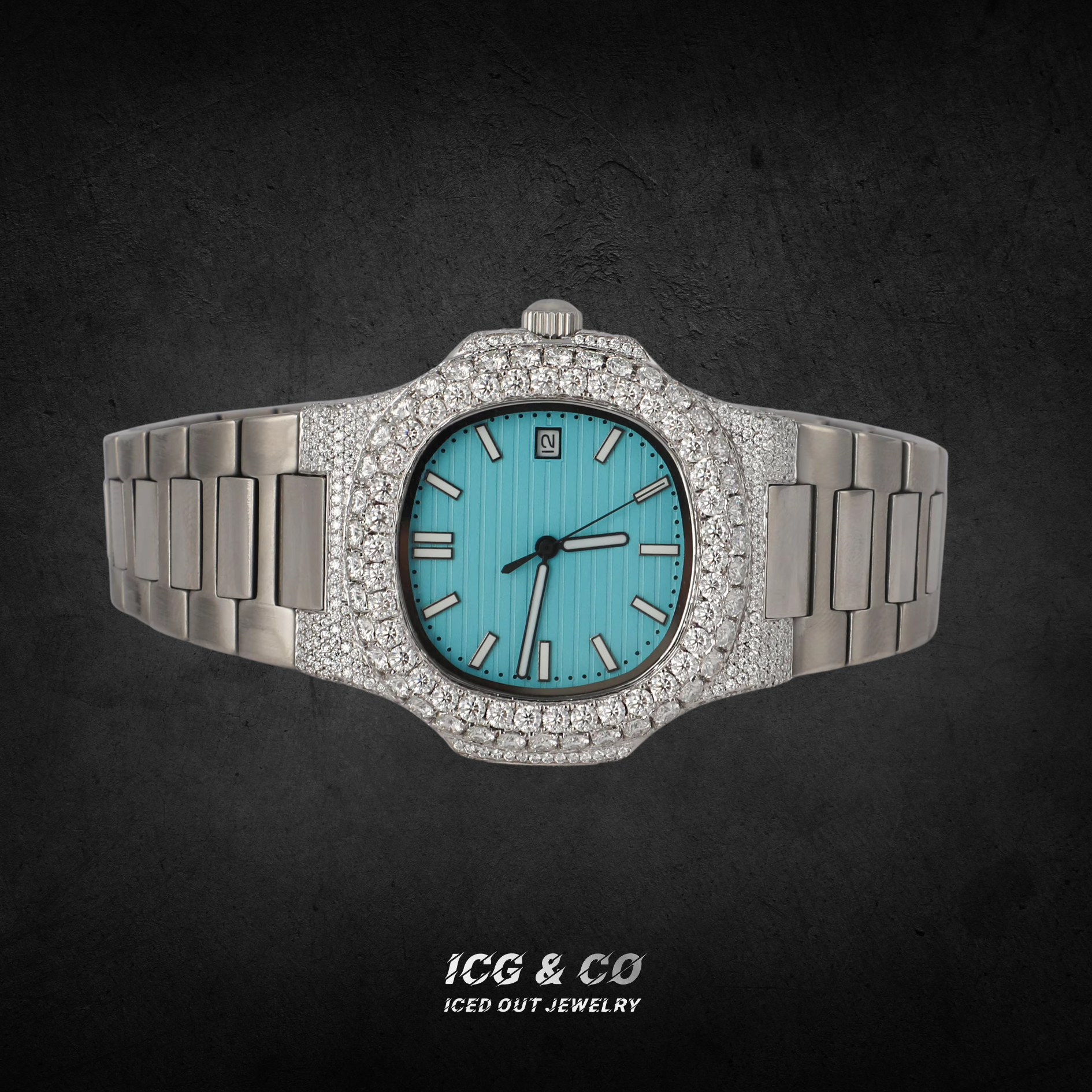 S925 Moissanite Diamond Porthole-Inspired Crystal Blue Dial Face Watch
