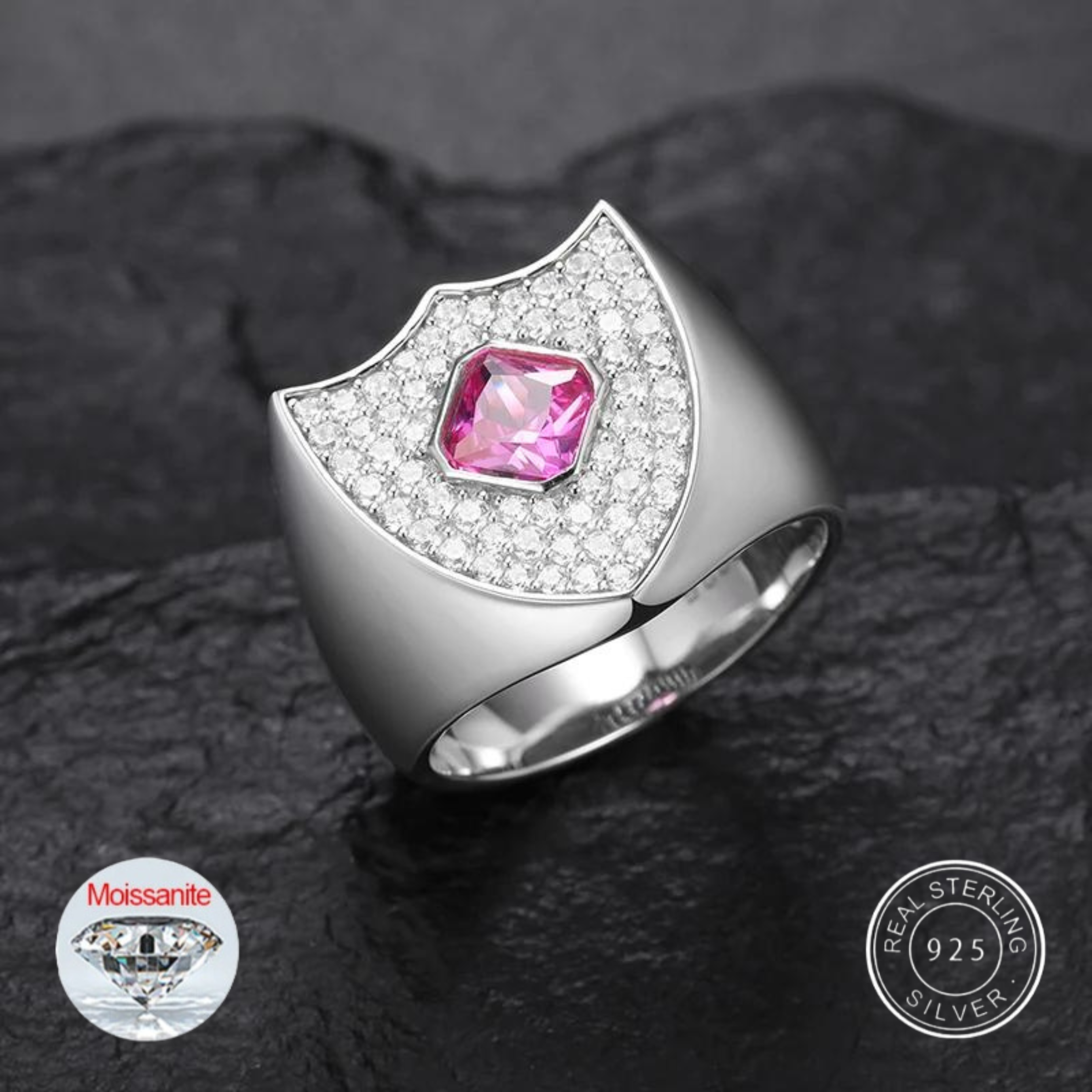 S925 MOISSANITE PINK DIAMOND SHIELD RING