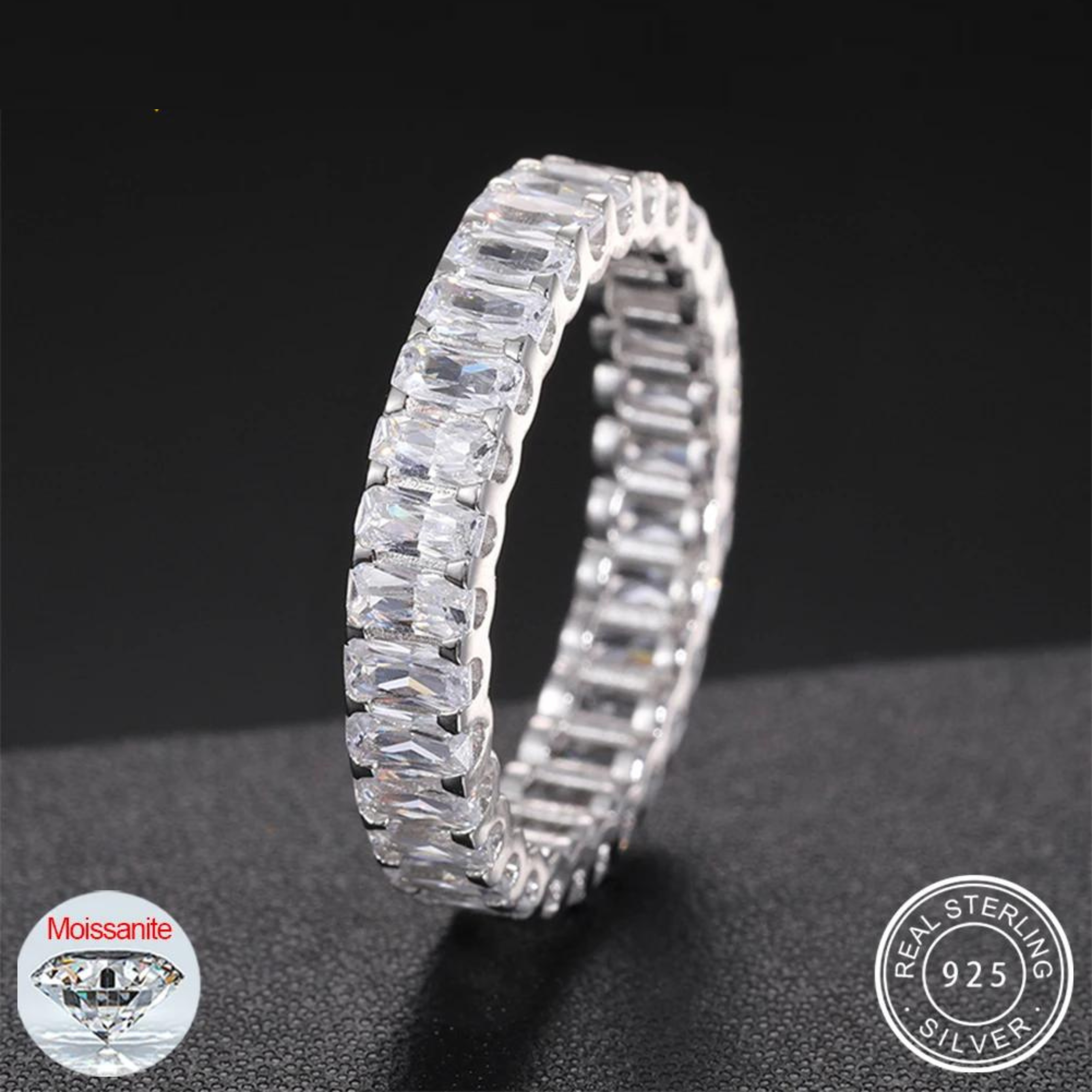 S925 Moissanite Emerald Cut Eternity Band Ring