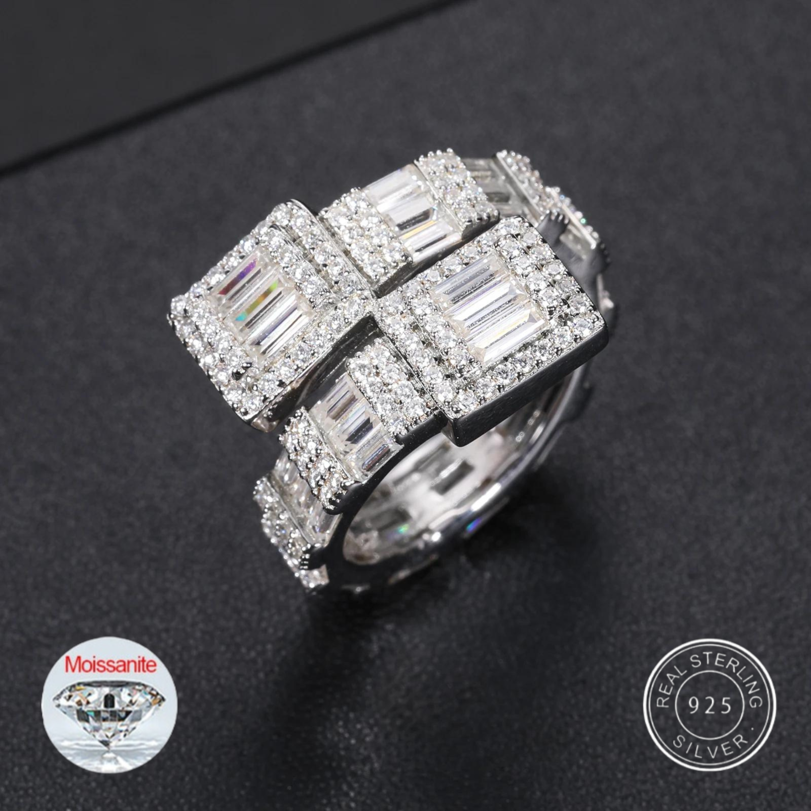 S925 Baguette Moissanite Overlapping Ring