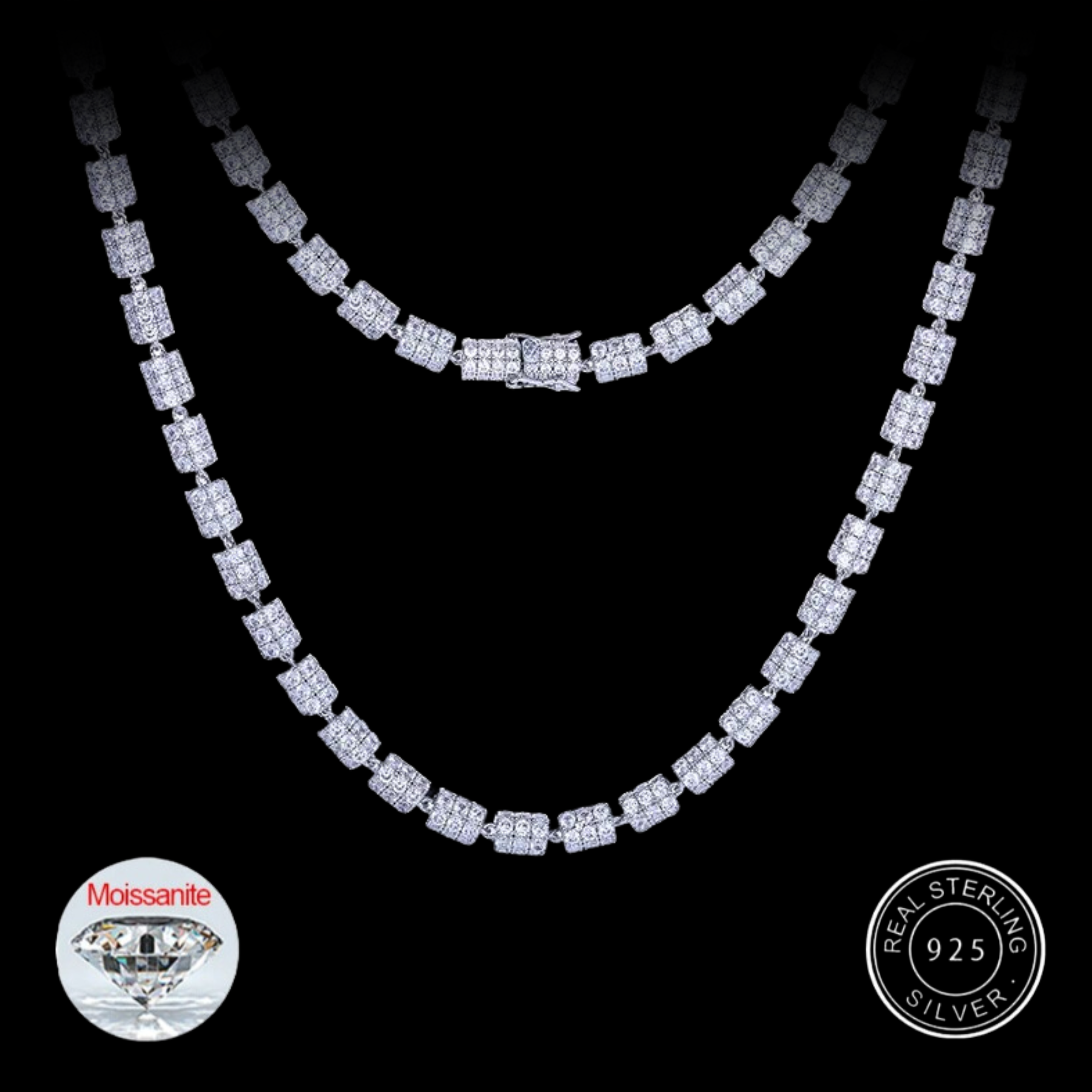 S925 White Gold Moissanite Cylindrical Iced-Out Diamond Necklace Chain - 7mm - Icedgame & Co