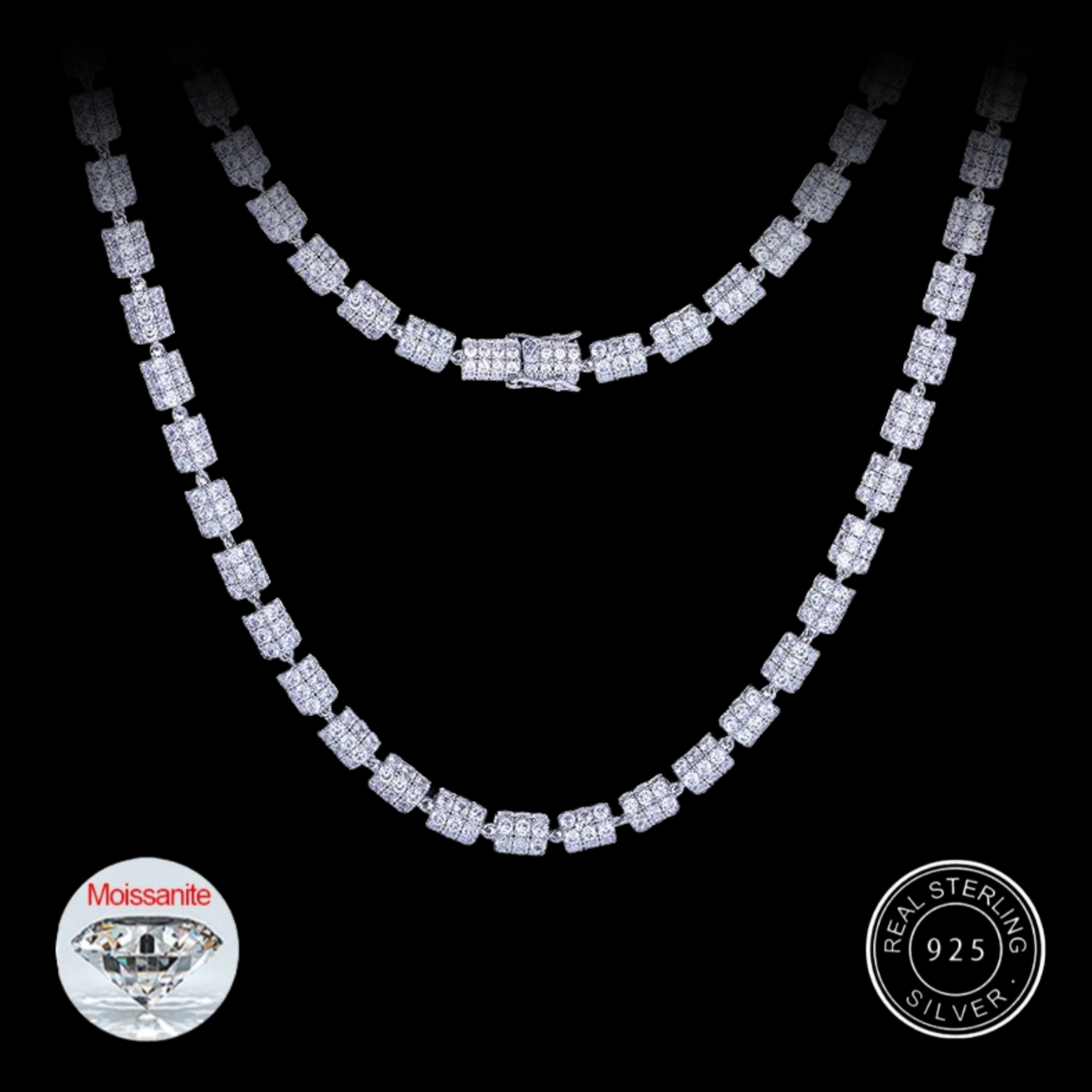 S925 White Gold Moissanite Cylindrical Iced-Out Diamond Necklace Chain - 7mm