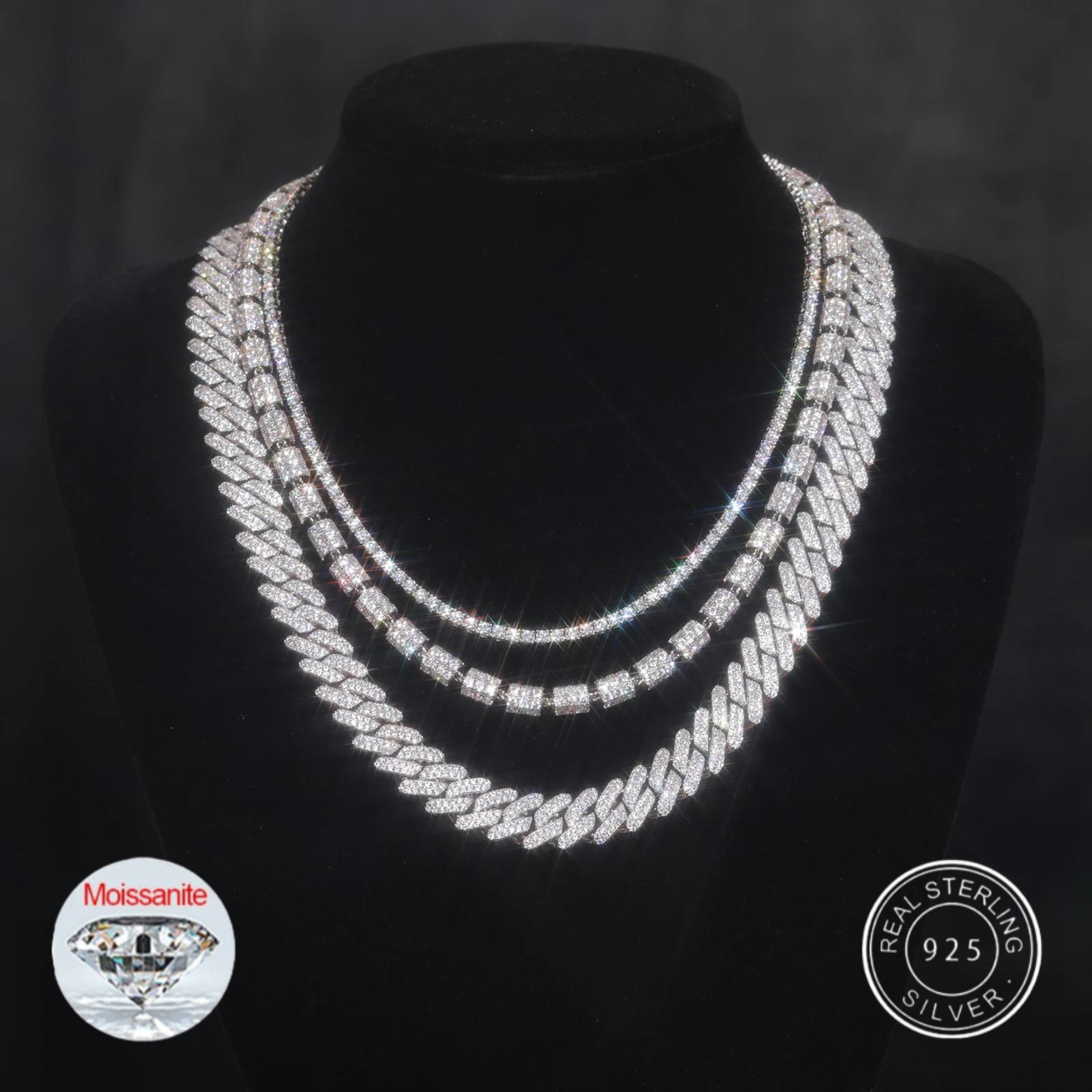 S925 Moissanite Diamond Chain Necklace - 3Pcs/Set