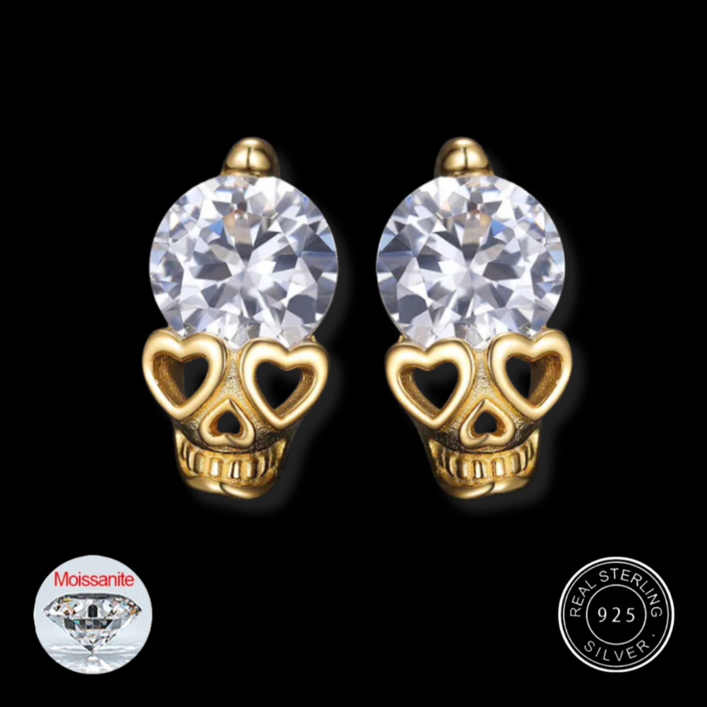 S925 Moissanite Round Cut Skull Diamond Stud Earrings