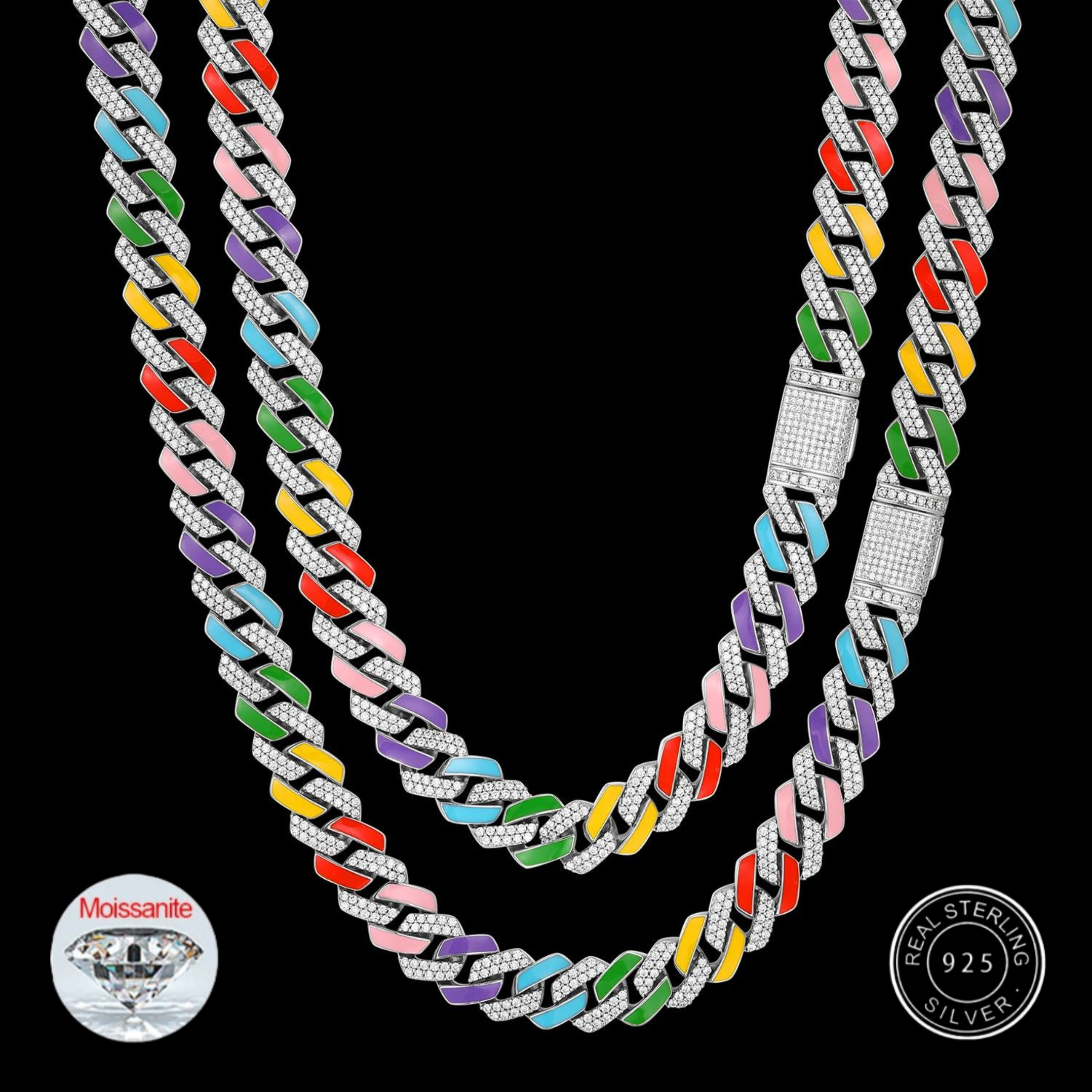 14mm Multi-Colored VVS Moissanite & S925 Cuban Prong Link Chain - Icedgame & Co