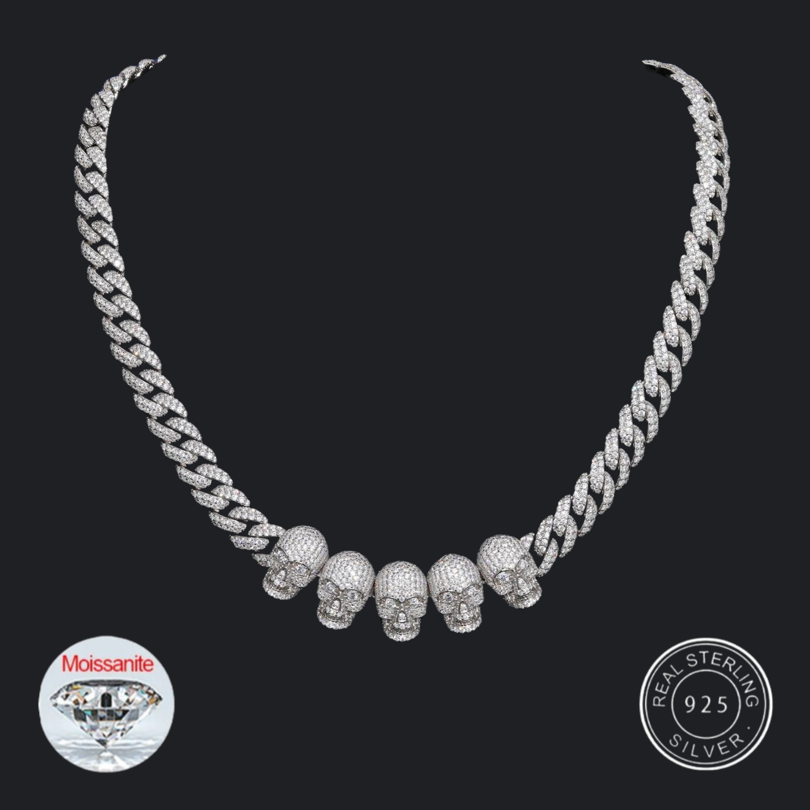 S925 VVS1 Moissanite Skull Link Necklace - 10mm - Icedgame & Co