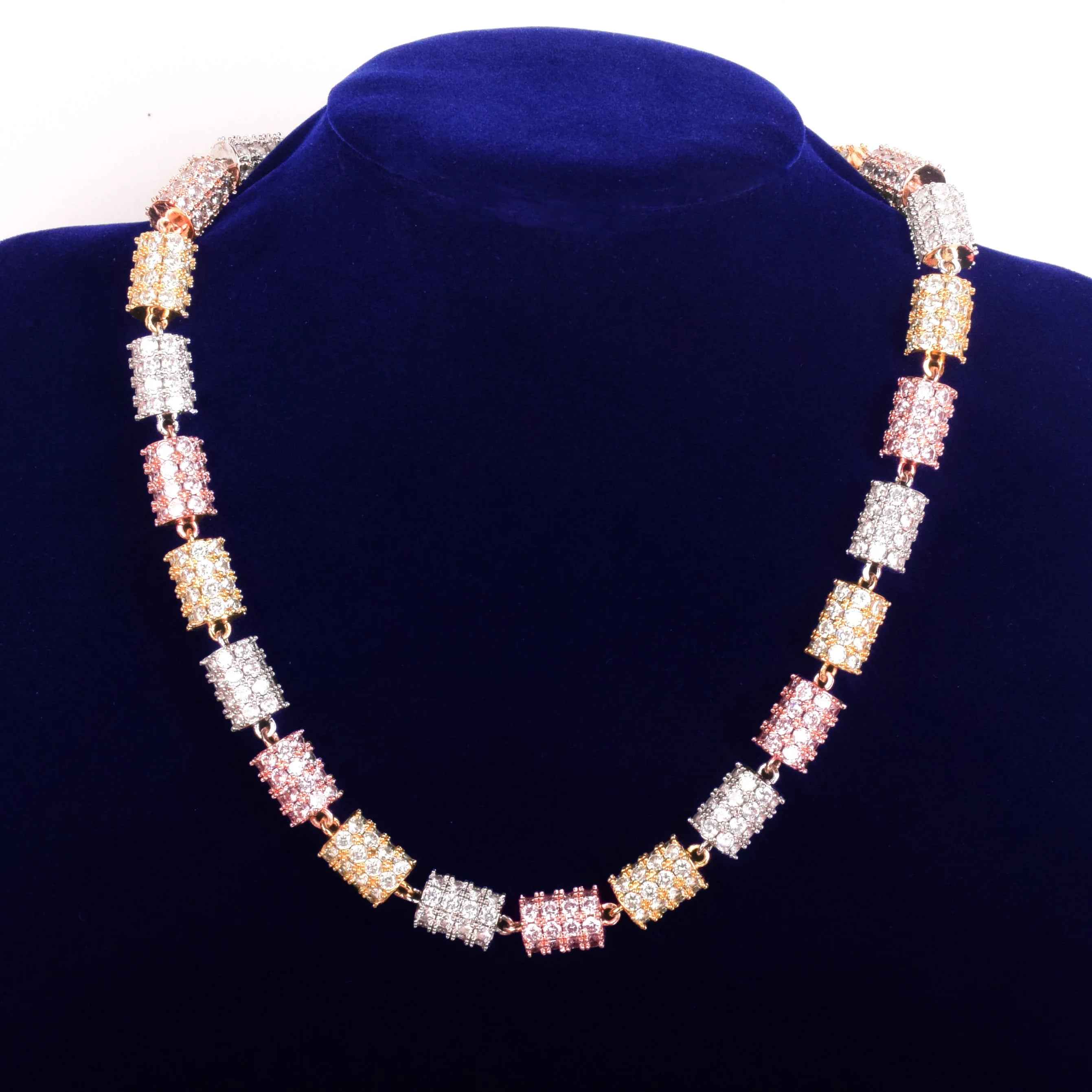 TRIPLE-COLOR CYLINDRICAL ICED-OUT DIAMOND NECKLACE CHAIN - 10MM - Icedgame & Co