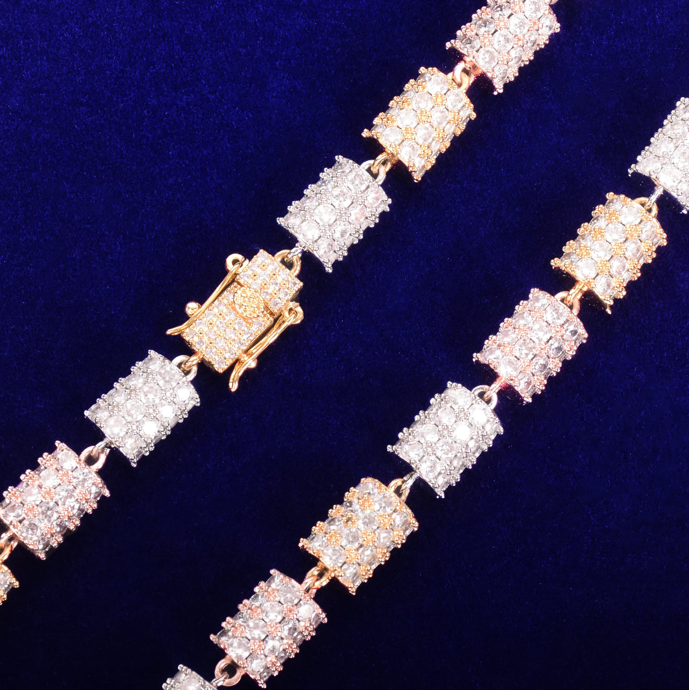 TRIPLE-COLOR CYLINDRICAL ICED-OUT DIAMOND NECKLACE CHAIN - 10MM - Icedgame & Co