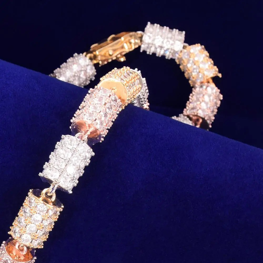 TRIPLE-COLOR CYLINDRICAL ICED-OUT DIAMOND NECKLACE CHAIN - 10MM - Icedgame & Co