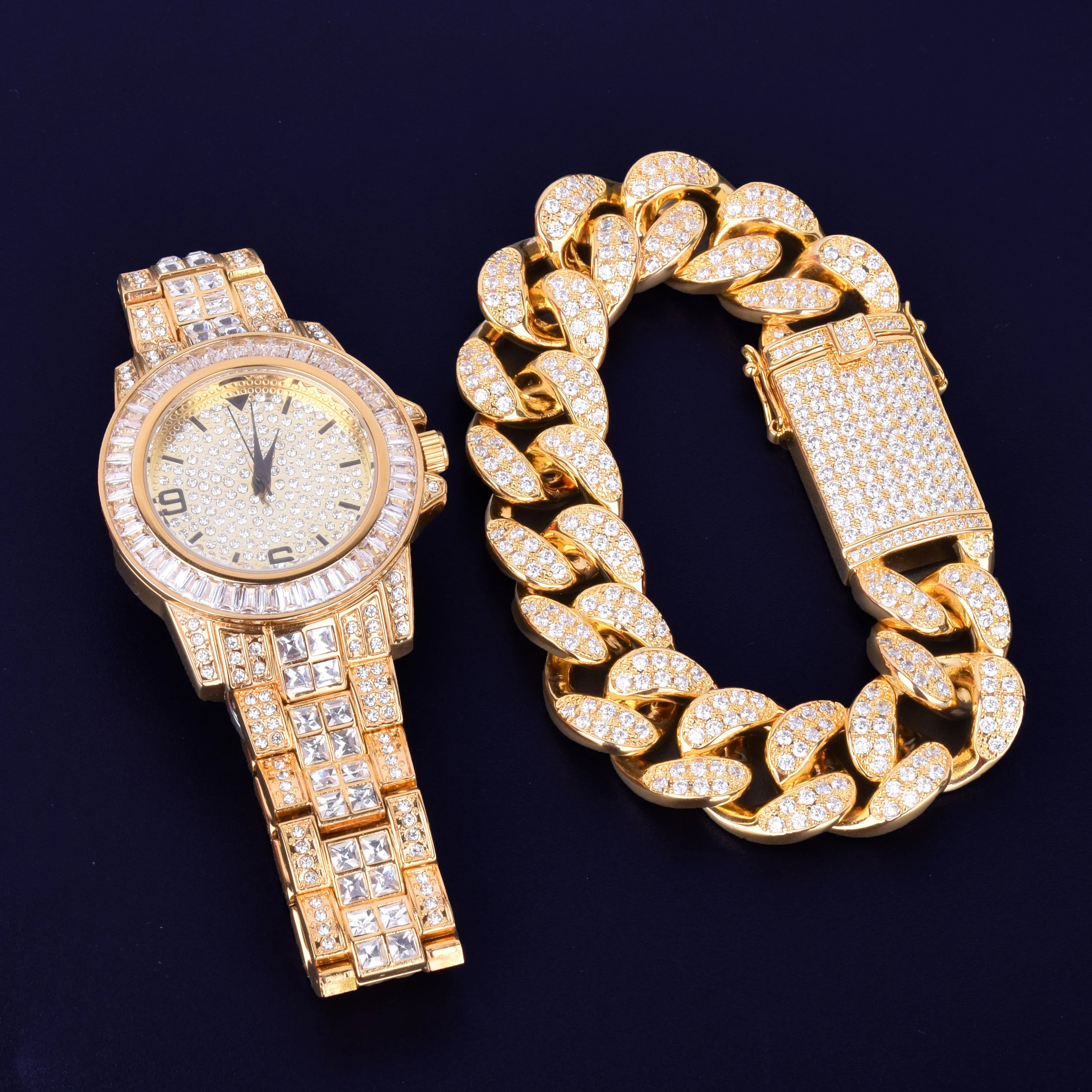 Iced Out Diamond Baguette Watch & Cuban Link Bracelet Set