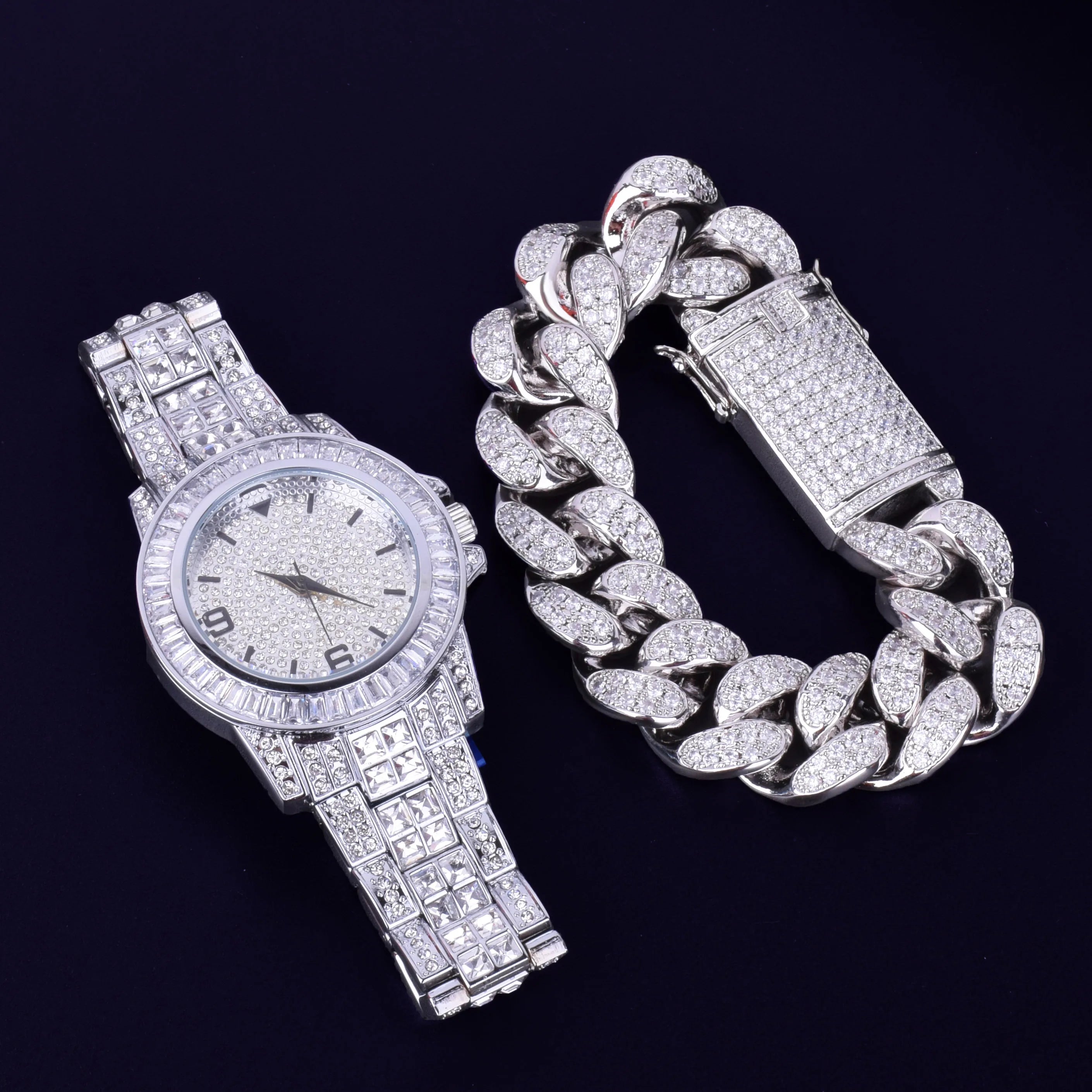 Iced Out Diamond Baguette Watch & Cuban Link Bracelet Set