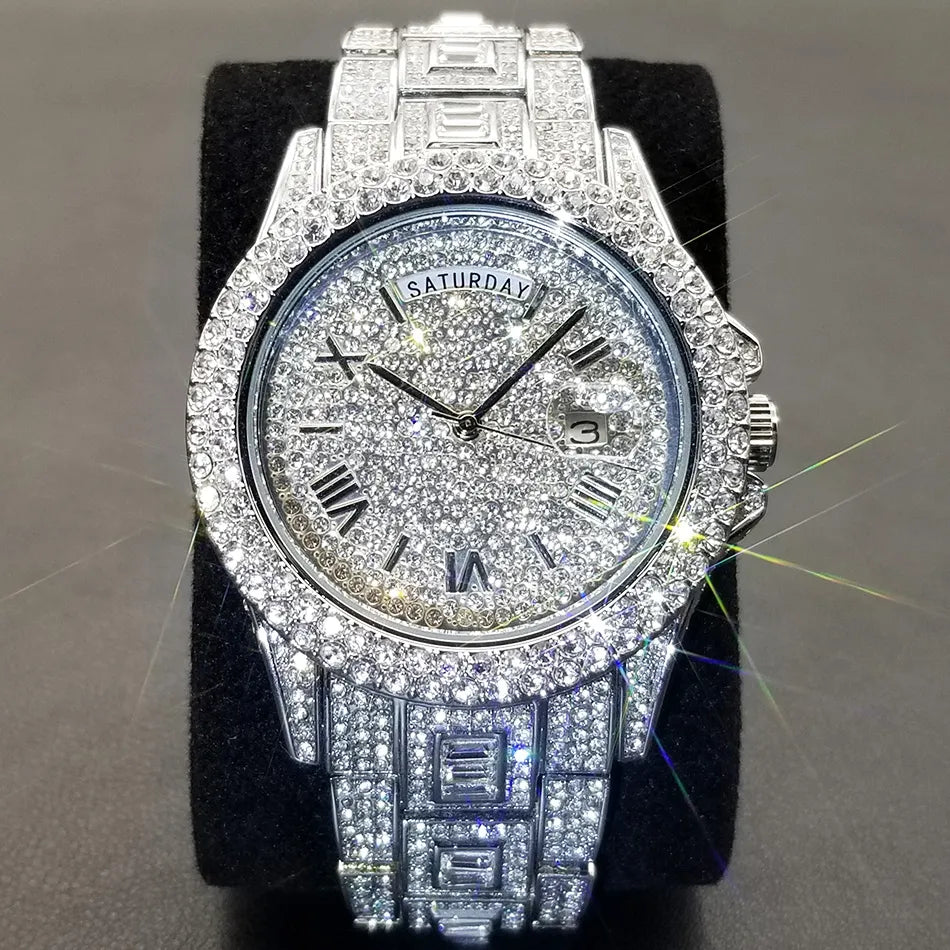 DAY DATE ROMAN NUMERALS VVS ICED OUT DIAMOND WATCH