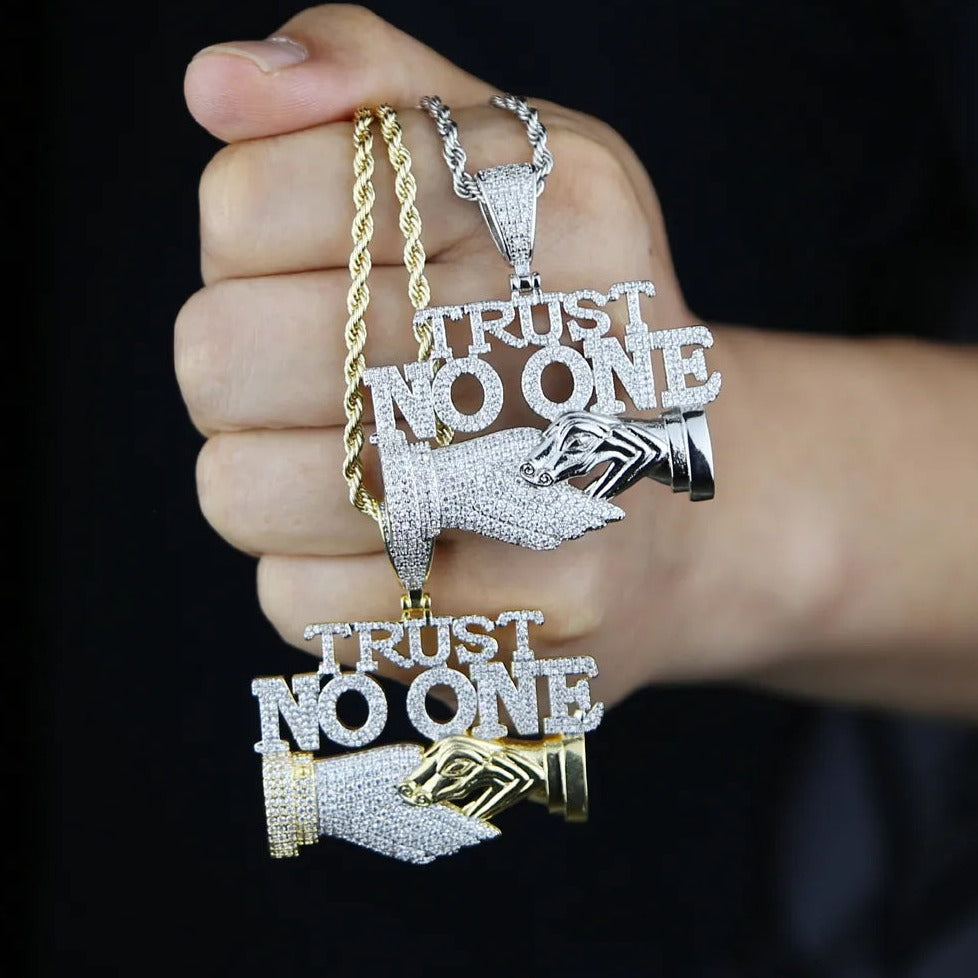 "TRUST NO ONE" ICED OUT LETTER DIAMOND PENDANT NECKLACE