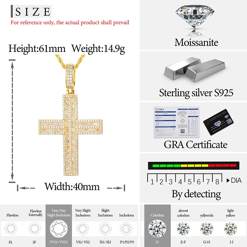 S925 Moissanite 2 Rows Baguette Diamond Cross Pendant