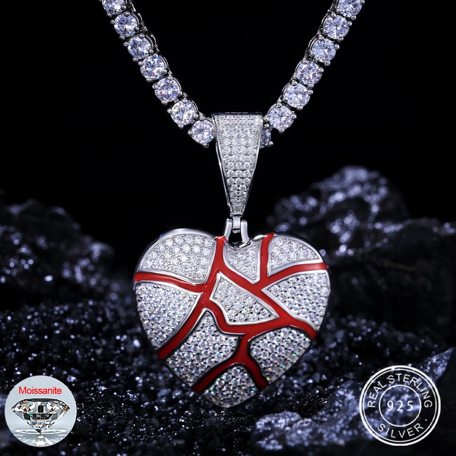 S925 Moissanite Red Enamel Heart Pendant - Icedgame & Co