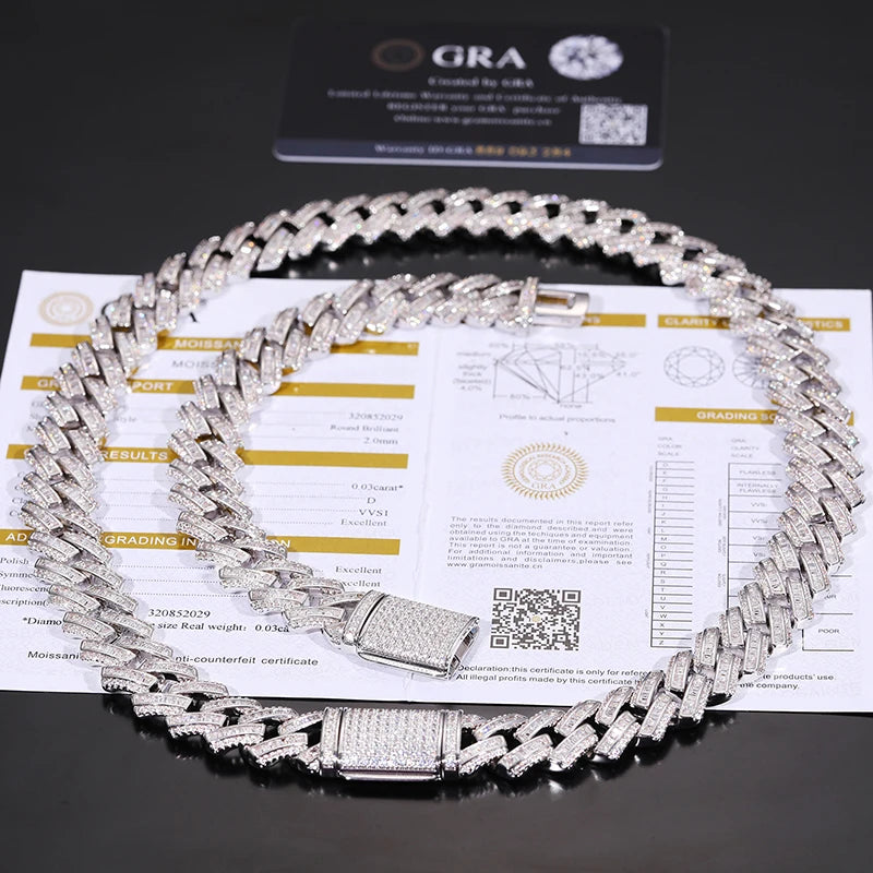 S925 Moissanite Prong Baguette Curved Diamond Cuban Link Chain Necklace - 14mm - Icedgame & Co