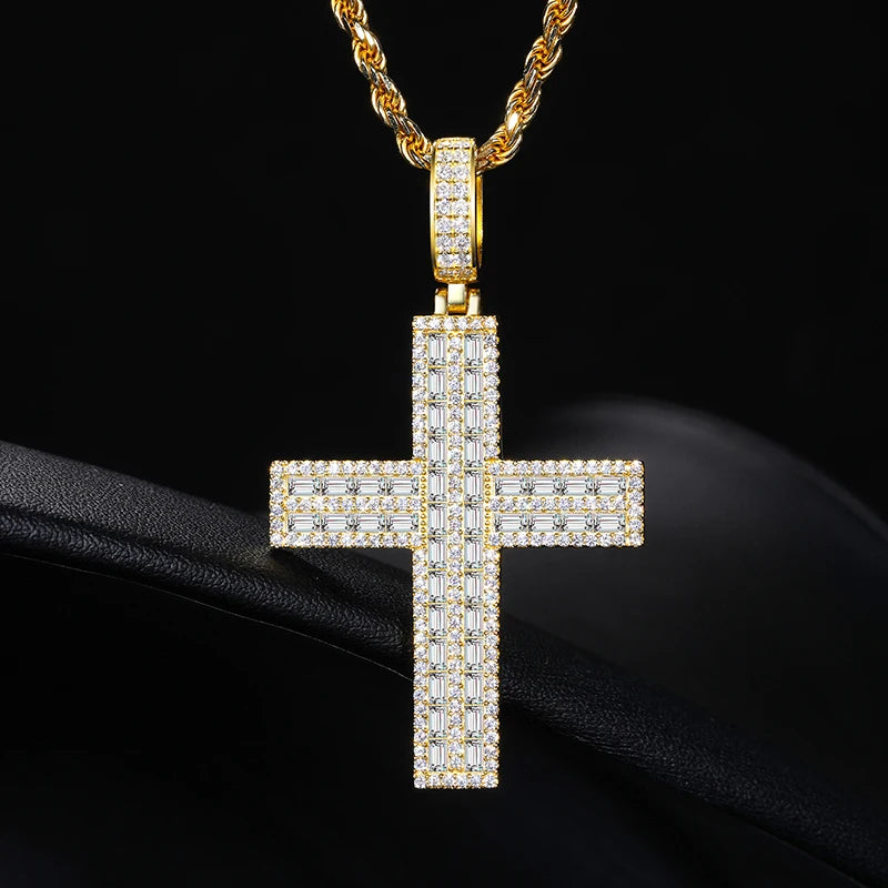 S925 Moissanite 2 Rows Baguette Diamond Cross Pendant