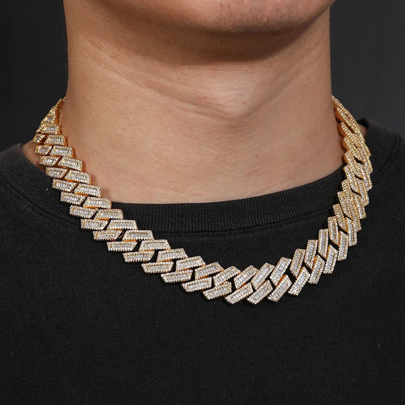 S925 BAGUETTE MIAMI PRONG CUBAN LINK DIAMOND CHAIN NECKLACE - 17MM - Icedgame & Co