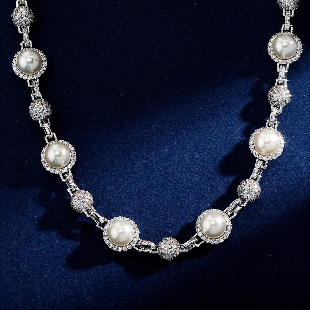White Gold Iced Halo-Pearl Diamond Necklace