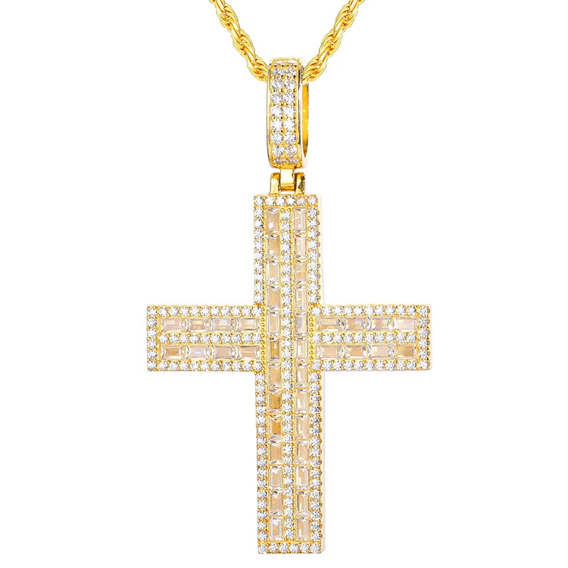 S925 Moissanite 2 Rows Baguette Diamond Cross Pendant