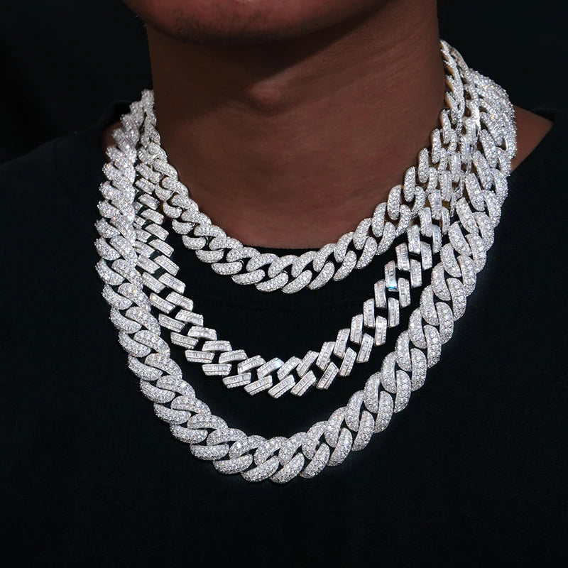 S925 Moissanite Prong Baguette Curved Diamond Cuban Link Chain Necklace - 14mm - Icedgame & Co