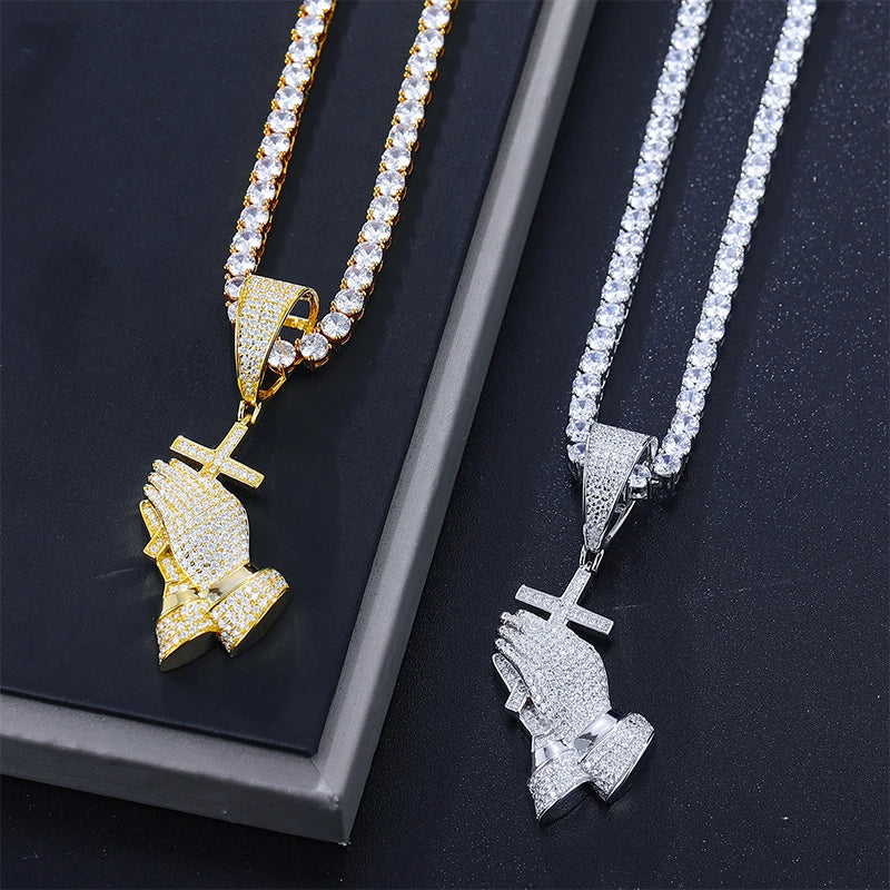 S925 Moissanite Praying Hands Cross Pendant - Icedgame & Co