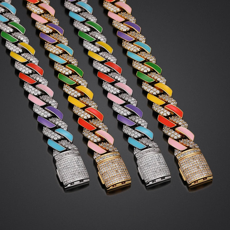 14mm Multi-Colored VVS Moissanite & S925 Cuban Prong Link Chain - Icedgame & Co
