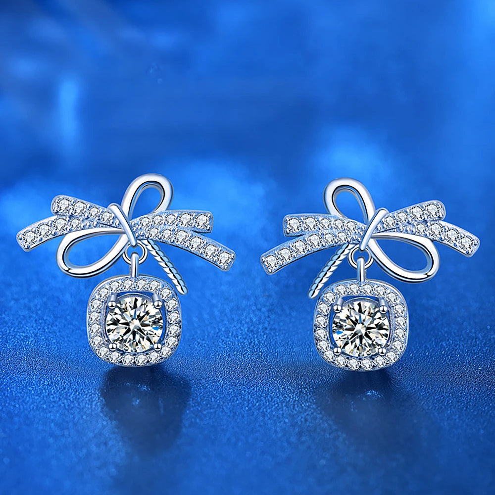 Women's S925 Moissanite Ribbon Bowknot Tie Stud Earrings