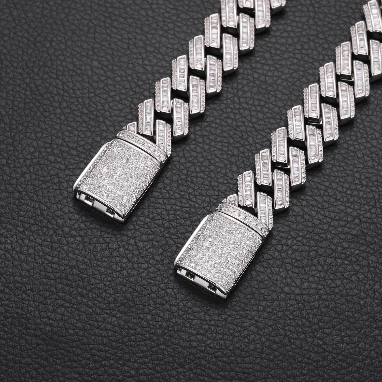 S925 Moissanite Prong Baguette Curved Diamond Cuban Link Chain Necklace - 14mm - Icedgame & Co