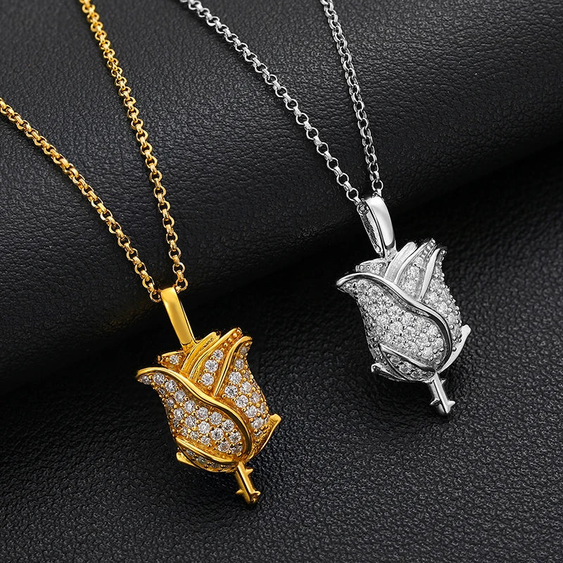 S925 Moissanite Mini Iced Out Baguette Rose Flower Diamond Pendant - Icedgame & Co