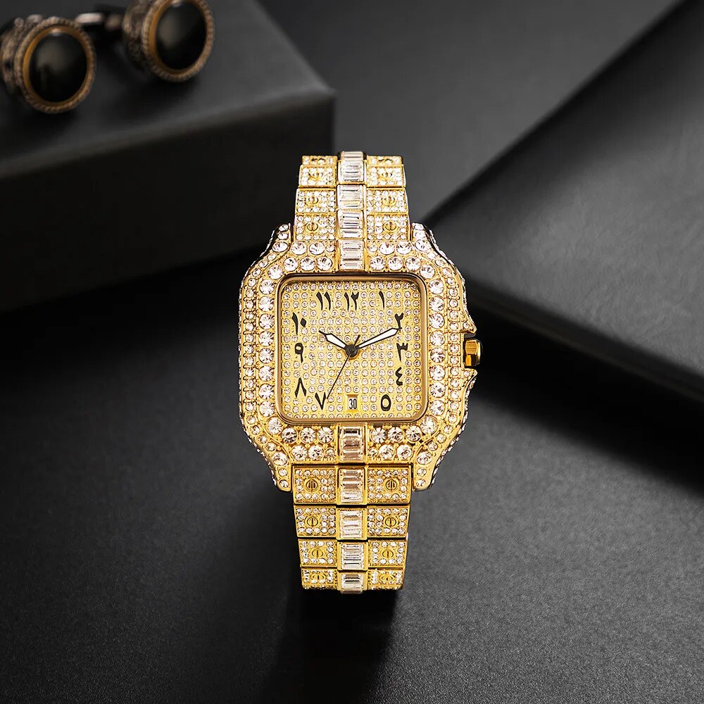 Bust Down Automatic Date Arabic Numberial Fully Iced Diamond Watch