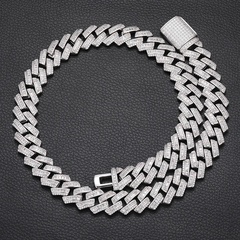 S925 Moissanite Prong Baguette Curved Diamond Cuban Link Chain Necklace - 14mm - Icedgame & Co