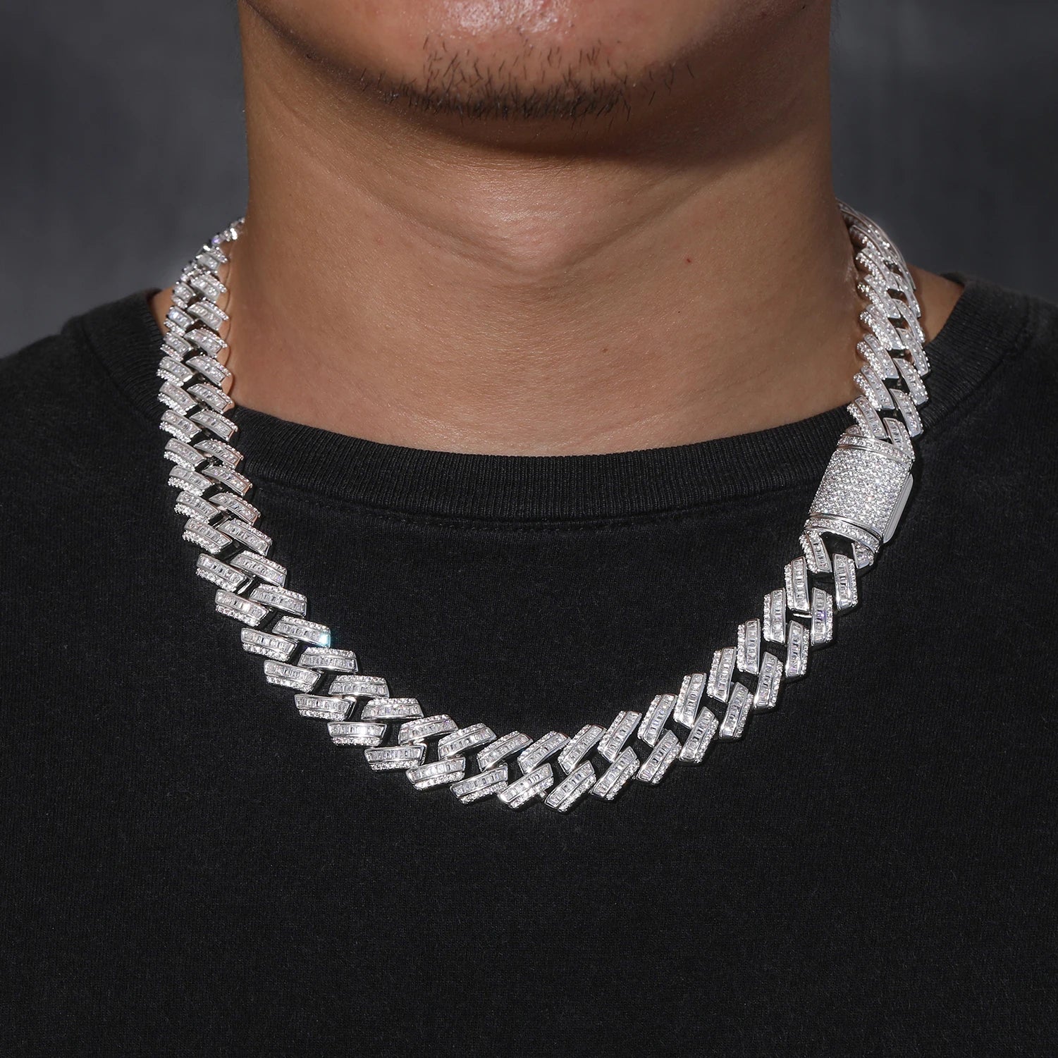 S925 Moissanite Prong Baguette Curved Diamond Cuban Link Chain Necklace - 14mm - Icedgame & Co