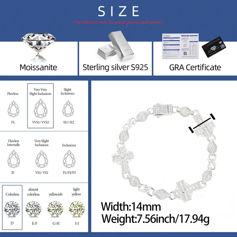 S925 Moissanite Diamond Iced Royal Cross Link Bracelet - 14mm