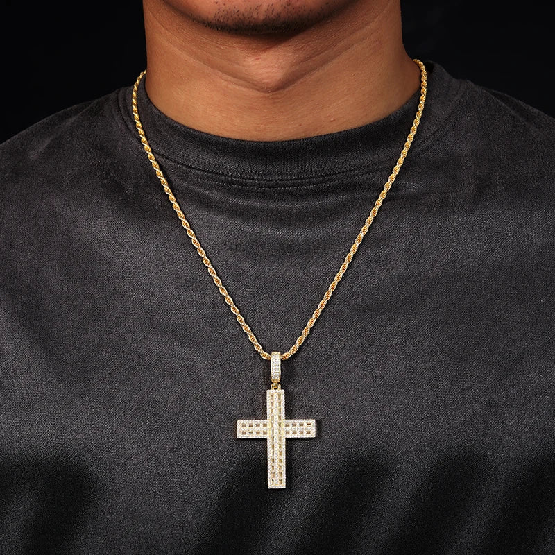S925 Moissanite 2 Rows Baguette Diamond Cross Pendant