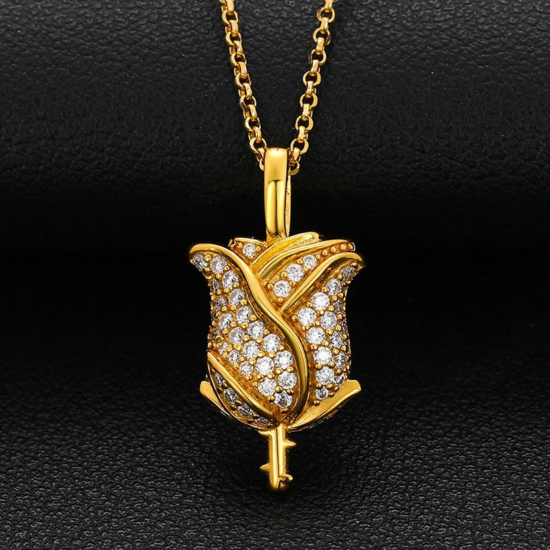 S925 Moissanite Mini Iced Out Baguette Rose Flower Diamond Pendant - Icedgame & Co