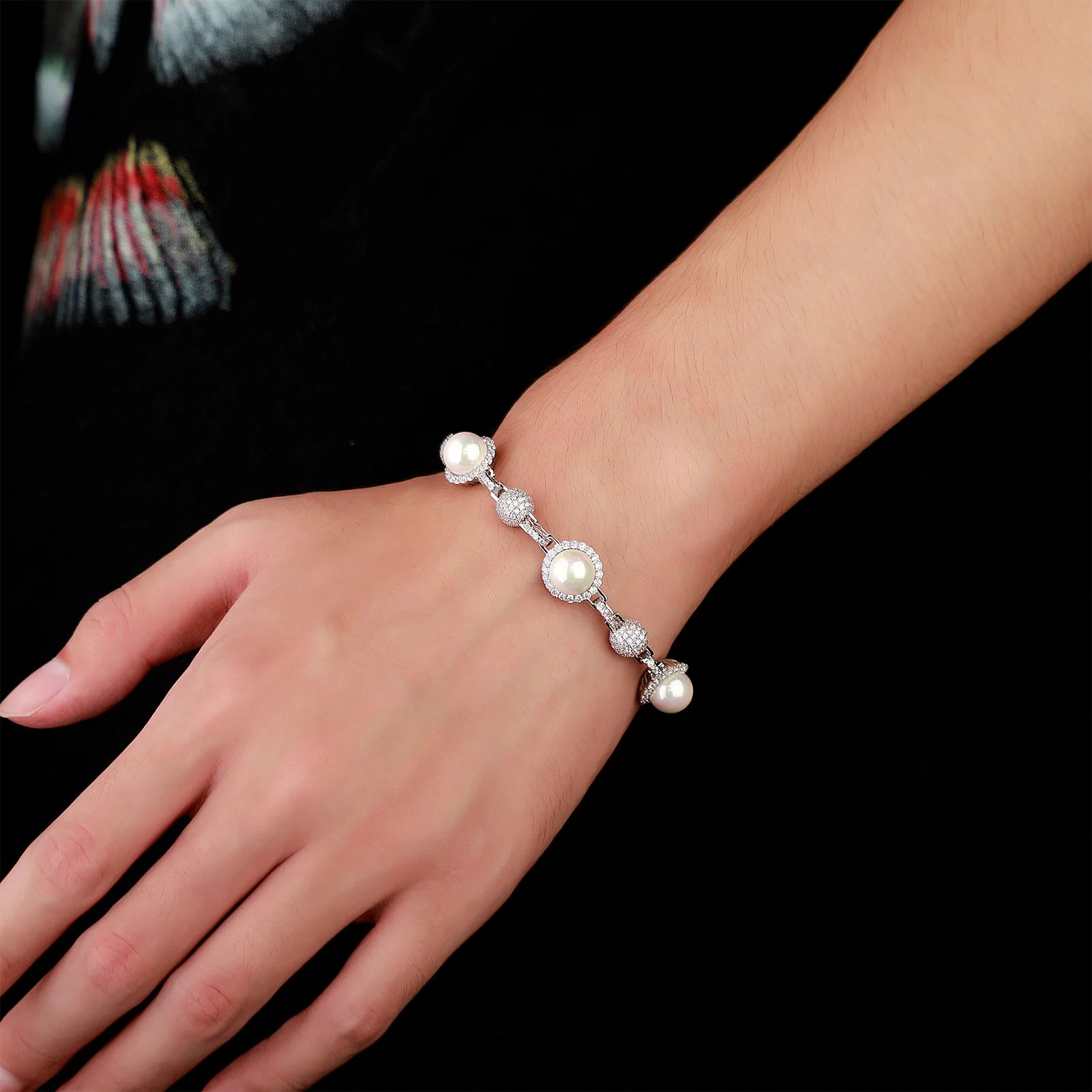 White Gold Iced Halo-Pearl Diamond Bracelet