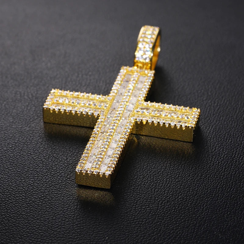 S925 Moissanite 2 Rows Baguette Diamond Cross Pendant