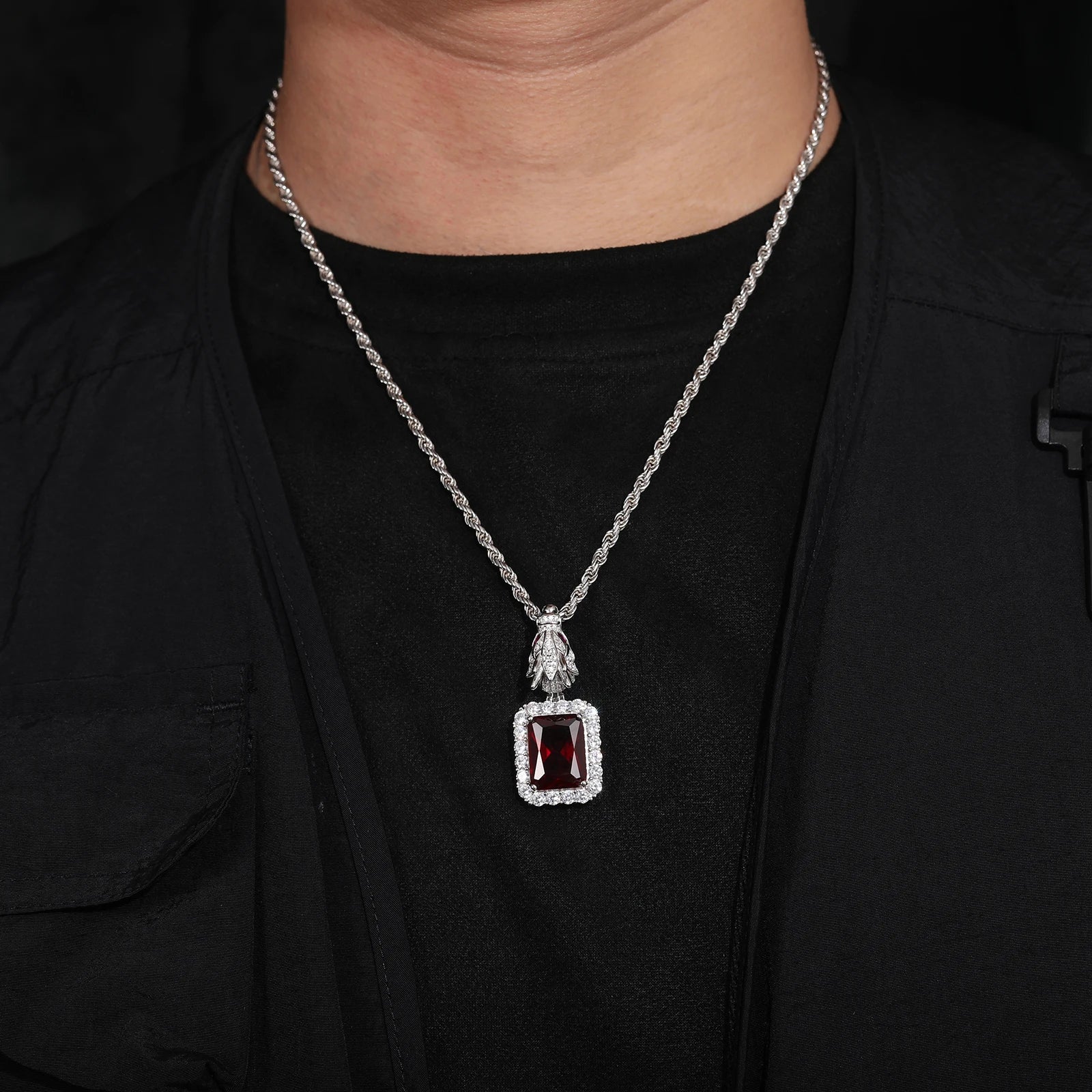 S925 Domineering Triangle Dragon Head Bail Red Gem Pendant Necklace - Icedgame & Co