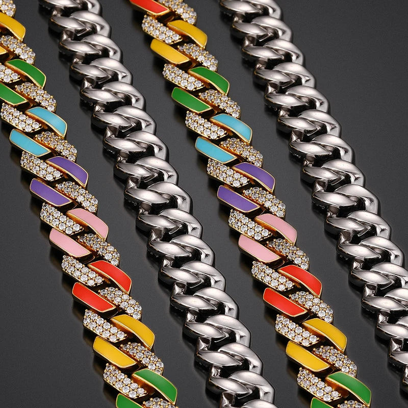 14mm Multi-Colored VVS Moissanite & S925 Cuban Prong Link Chain - Icedgame & Co