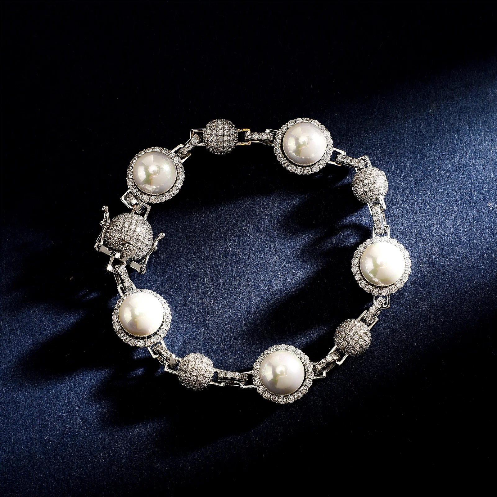 White Gold Iced Halo-Pearl Diamond Bracelet