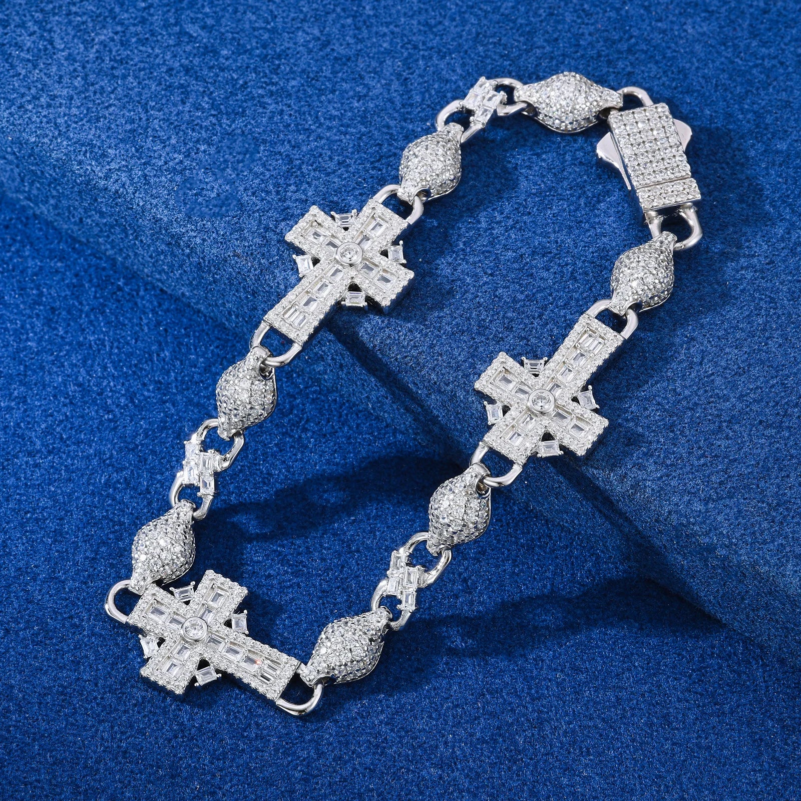 S925 Moissanite Diamond Iced Royal Cross Link Bracelet - 14mm