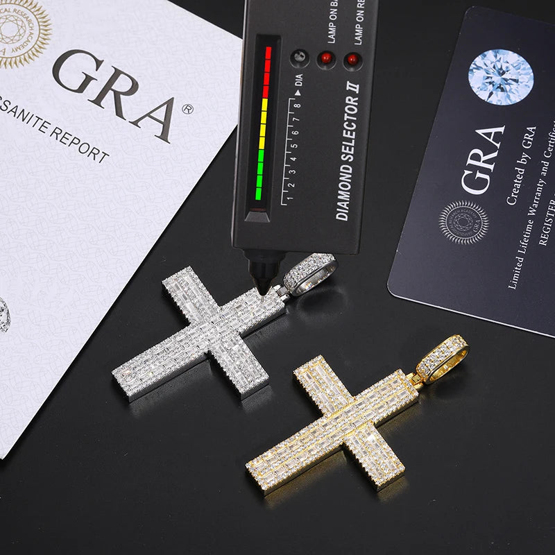 S925 Moissanite 2 Rows Baguette Diamond Cross Pendant