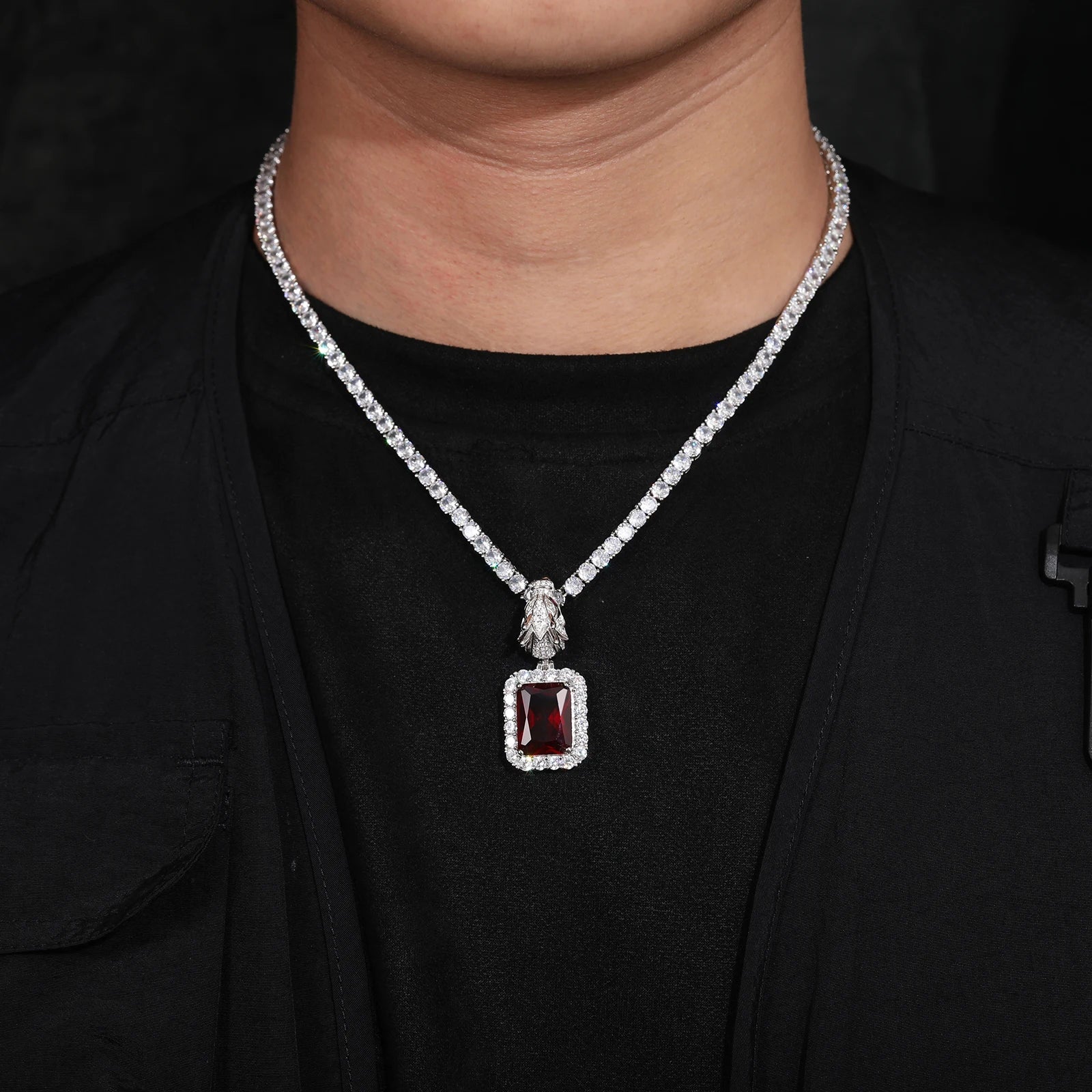 S925 Domineering Triangle Dragon Head Bail Red Gem Pendant Necklace - Icedgame & Co