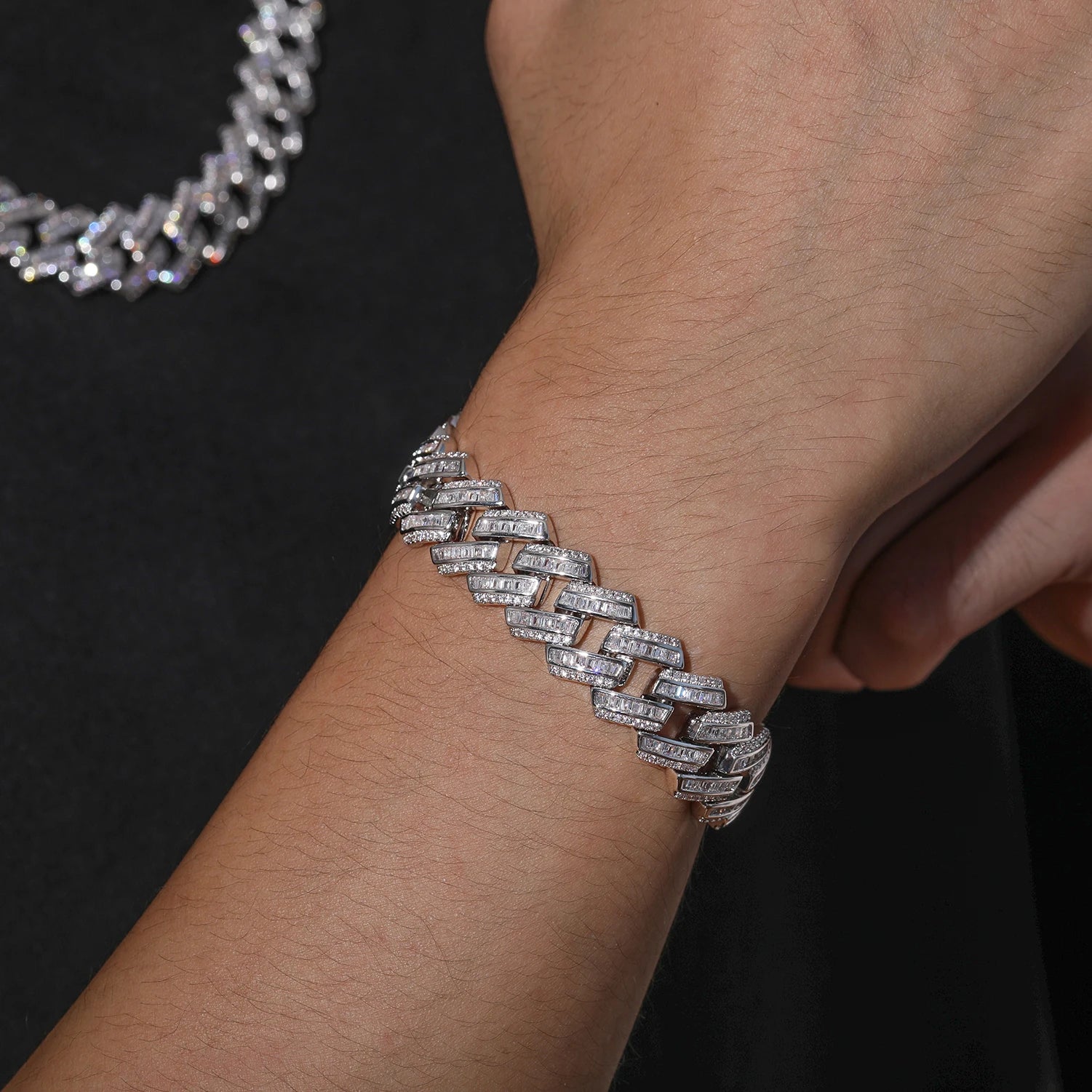 S925 Moissanite Prong Baguette Curved Diamond Cuban Link Chain Necklace - 14mm - Icedgame & Co