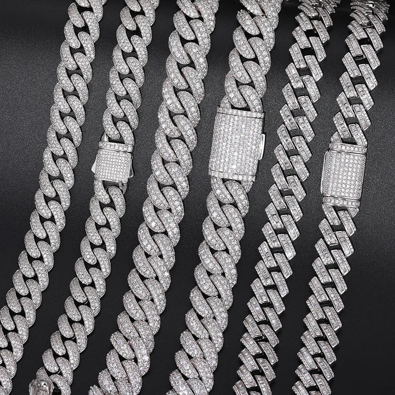 S925 Moissanite Prong Baguette Curved Diamond Cuban Link Chain Necklace - 14mm - Icedgame & Co