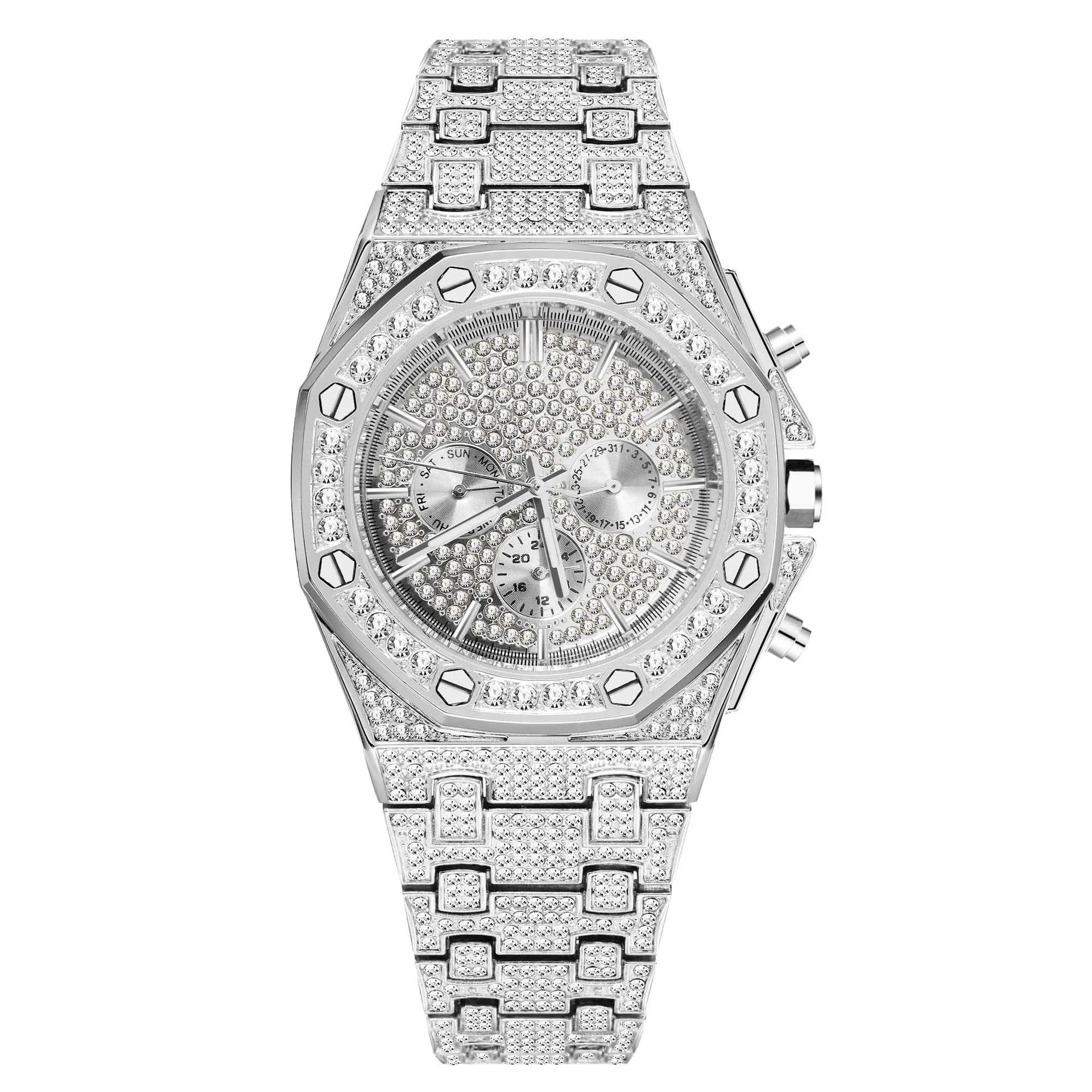 FULLY BUST DOWN ROYAL OAK QUARTZ DIAMOND WATCH