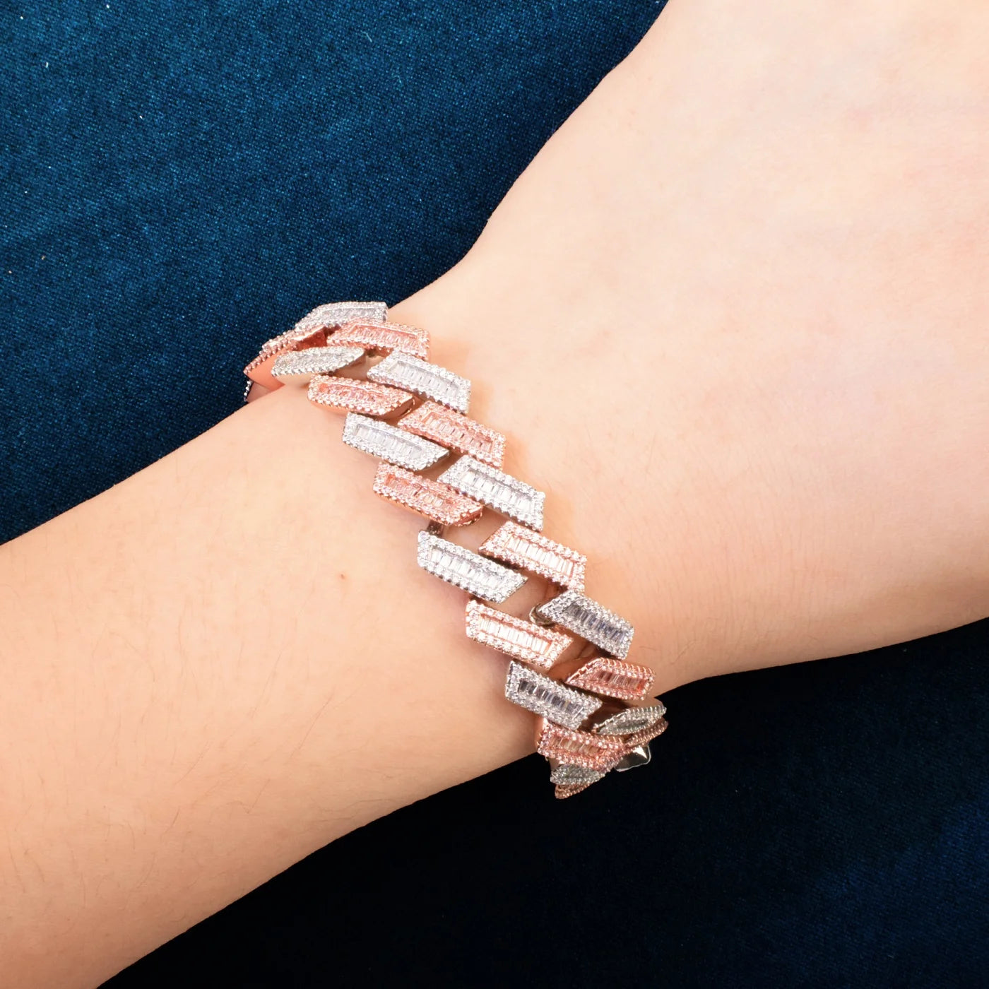17MM TWO-TONE ROSE GOLD BAGUETTE MIAMI PRONG CUBAN LINK DIAMOND BRACELET - Icedgame & Co