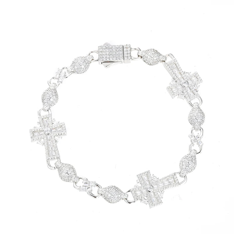 S925 Moissanite Diamond Iced Royal Cross Link Bracelet - 14mm