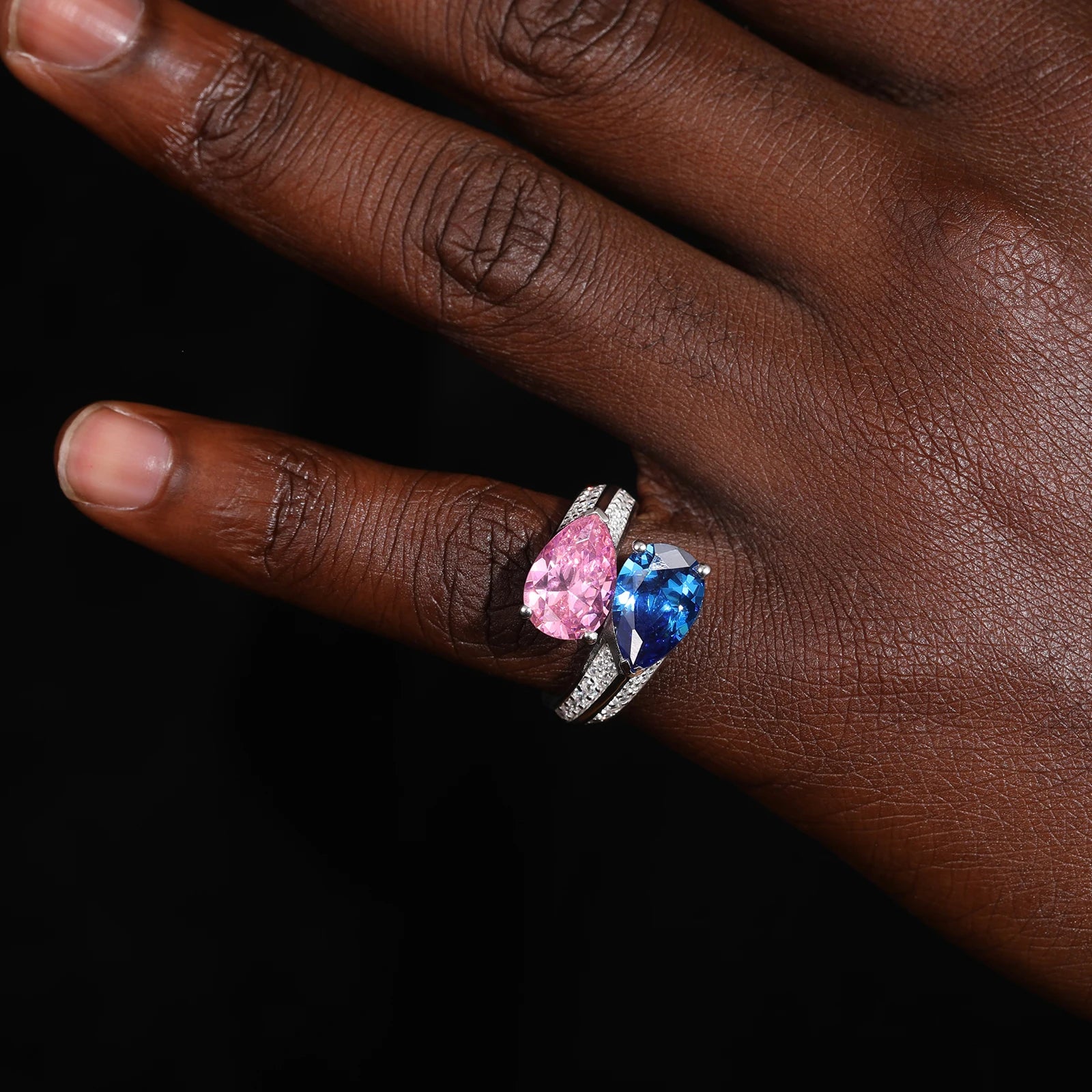 S925 Moissanite Pink & Blue Gem Ring - Icedgame & Co